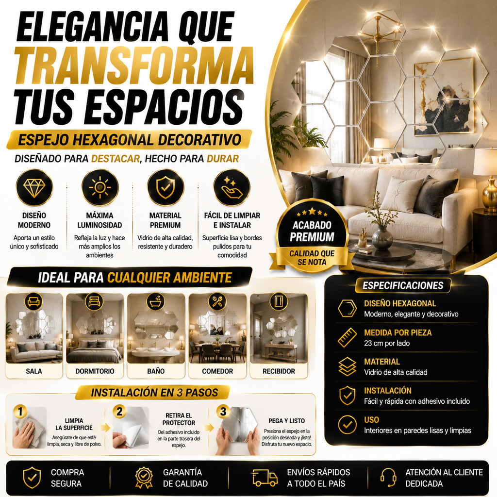 SET DE 12 ESPEJOS HEXAGONALES DECORATIVOS